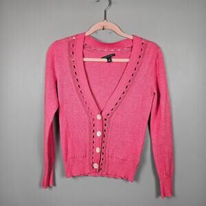 Banana Republic Womens XS‎ Button Front Cardigan Eyelet Knit Cotton Silk Pink